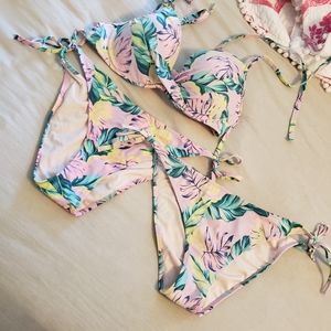 Shade & Shore Pink Tropical Leaf Bikini Set